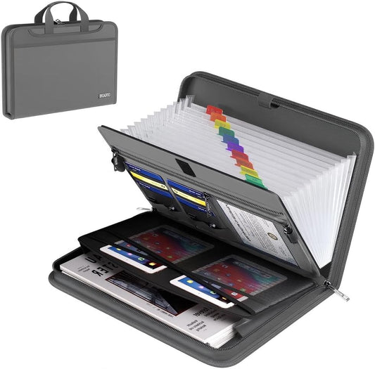 Folio Document Organizer (Grey), Durable 13-Pocket Expanding File Folder with Handle & Labels, Portable A4/Letter Organizer for Home Office, School & Travel