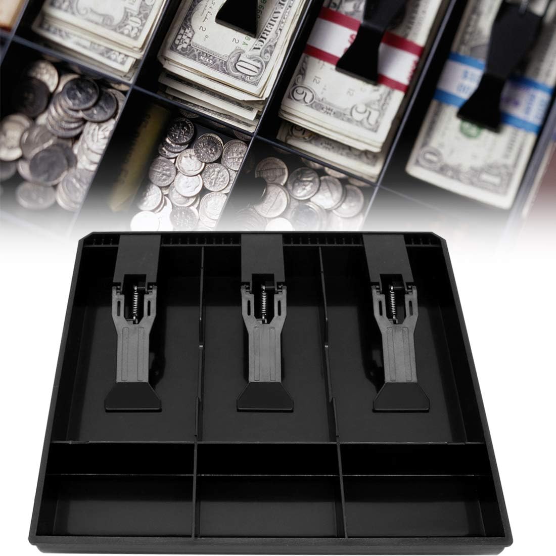 Cash Register Drawer Insert Tray 3 Bill/3 Coin Compartments with Plastic Clip for Money Storage, Black