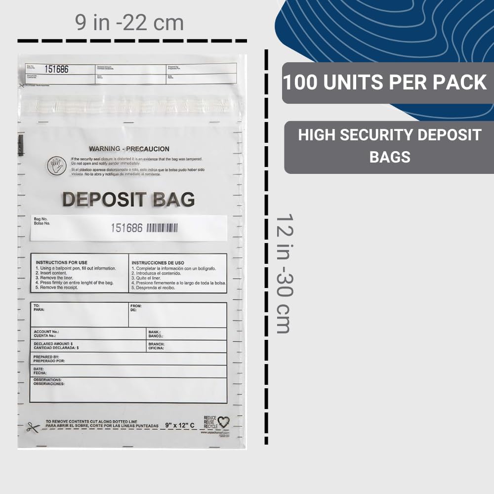 Opaque Plastic Deposit Bags 9"x12" | Secure Bank Deposits, Cash Handling or Safe Currency Transportation | Sequential Barcodes | Tamper-Evident | Tear-Off Receipt for Security | 100-Pack
