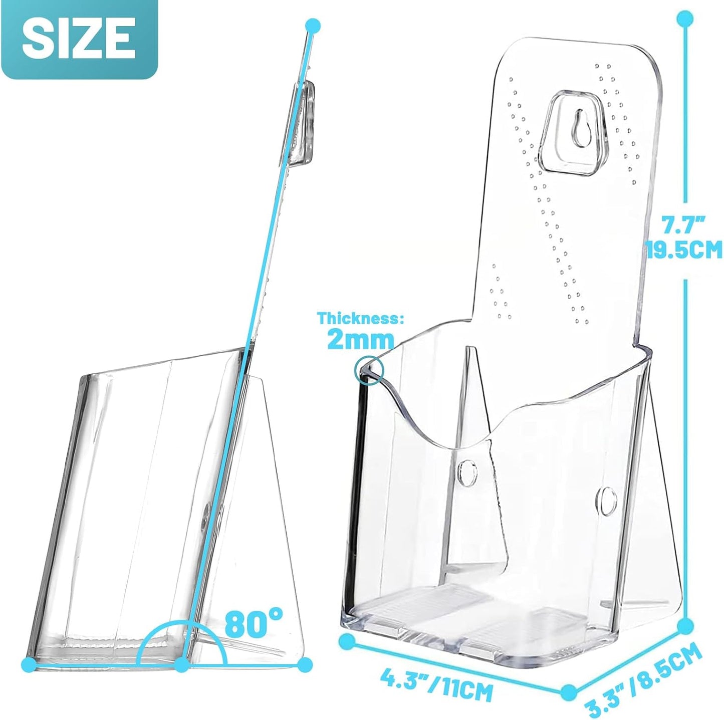 Brochure Holder Stand, 2 Pack 4 inches Acrylic Pamphlet Display Stand Wall Mount/Countertop, Clear Plastic Trifold Rack Card Holder for Organizer Flyer, Leaflets, Document, Literature