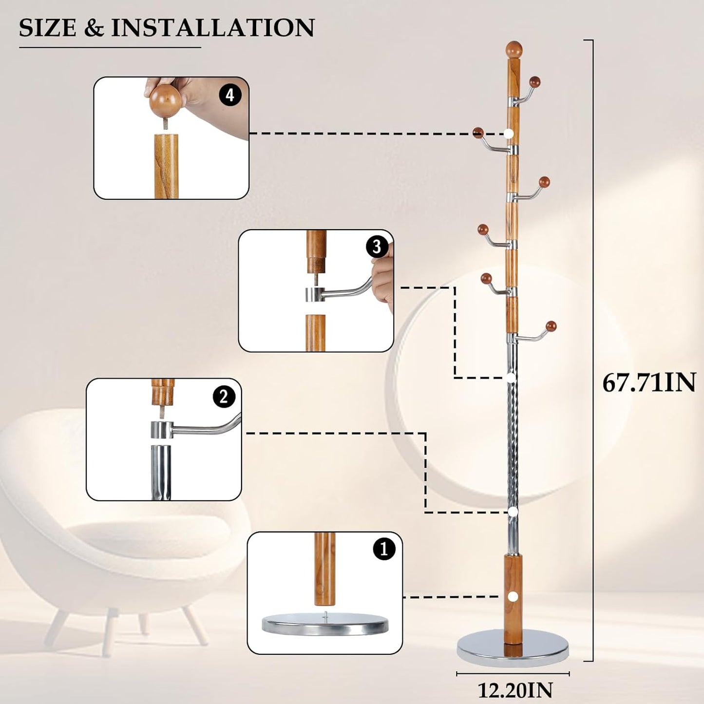 Wood Coat Rack Freestanding, Natural Coats Tree Stand with 14 Hooks, 73" Sturdy and Easy Assembly Coat Rack Stand for Entryway, Hallway, Bedroom, Bags, Hats (Metal Disc Base, Swivel Hook)