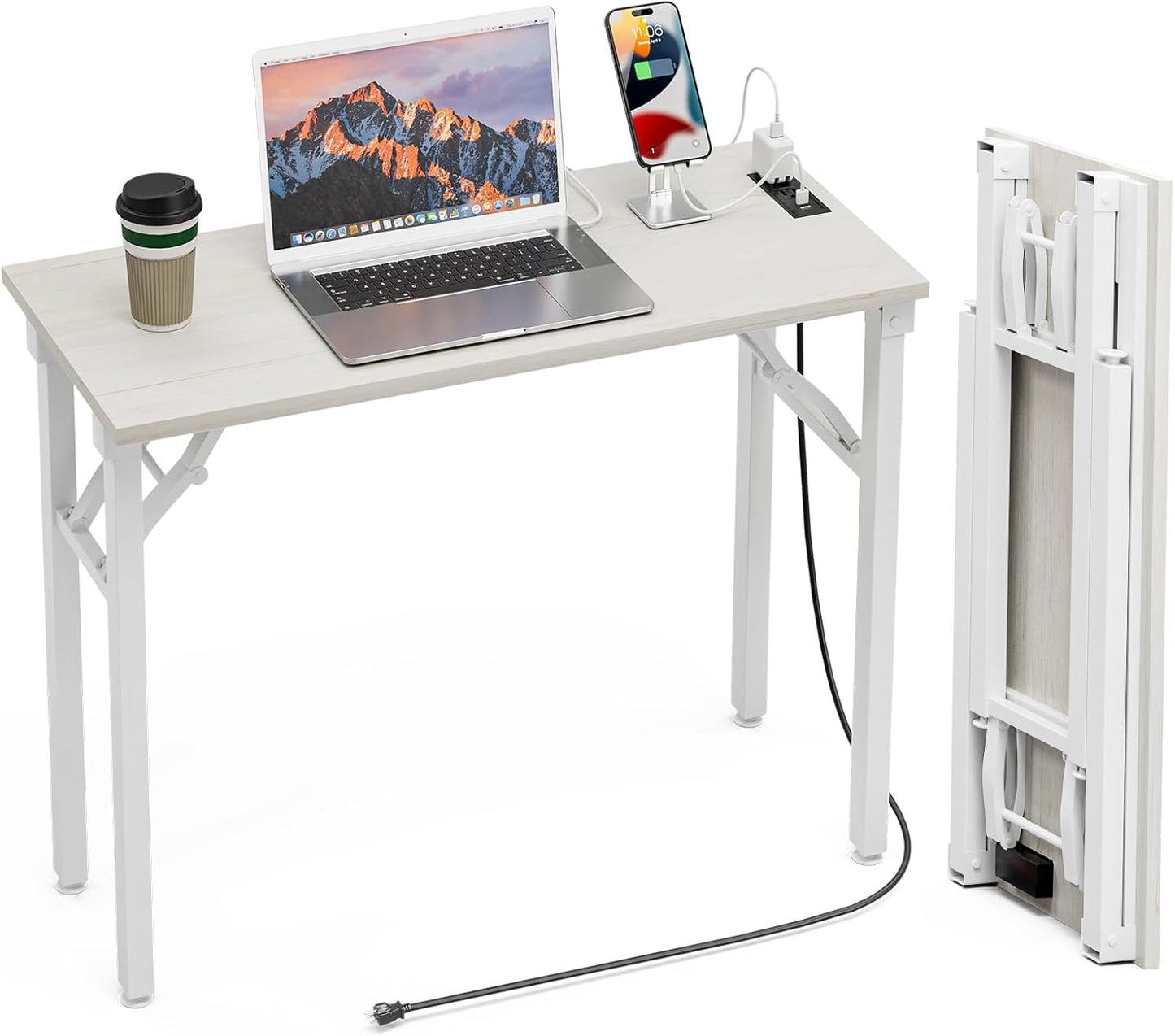 TEMI Small Computer Desk Folding Table - No Assembly, Compact 35.8" Foldable Desk with Power Outlets & USB Charging Port, Portable Small Office Desk, Ideal Mini Study Table for Narrow Spaces,White Ash