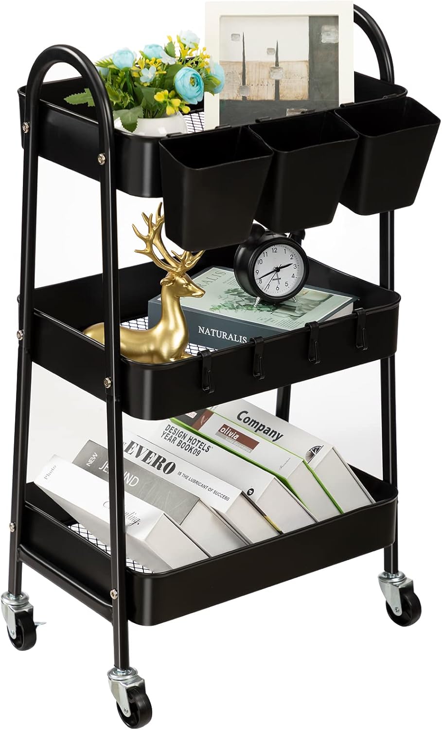 danpinera 3-Tier Rolling Cart, Metal Rolling Storage Cart with Lockable Wheels & Hanging Cups & Hooks, Mobile Trolley Cart for Kitchen, Bathroom, Office, Workshop, Black