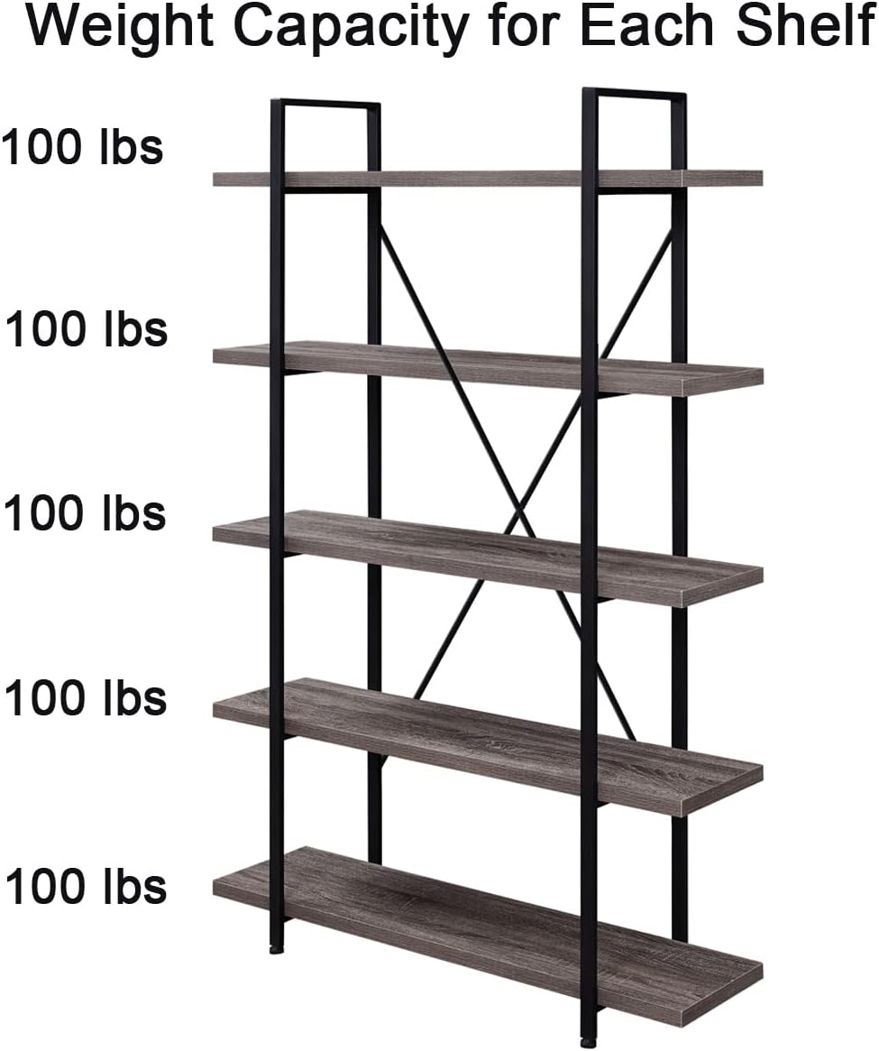 HSH 5-Shelf Vintage Industrial Rustic Bookshelf, 5 Tier Wood and Metal Bookcase, Open Etagere Book Shelf, Farmhouse Wooden Bookshelves, Light Grey Oak