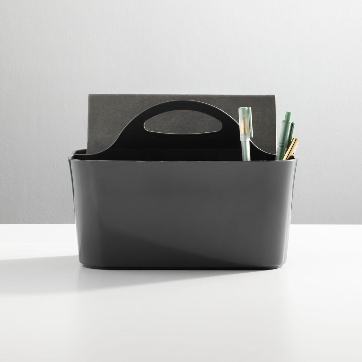 mDesign Plastic Small Office Storage Organizer Utility Tote Caddy with Handle for Cabinets, Desks, Workspaces - Hold Desktop Office Supplies, Pencils, Staplers Lumiere Collection, 2 Pack, Dark Gray