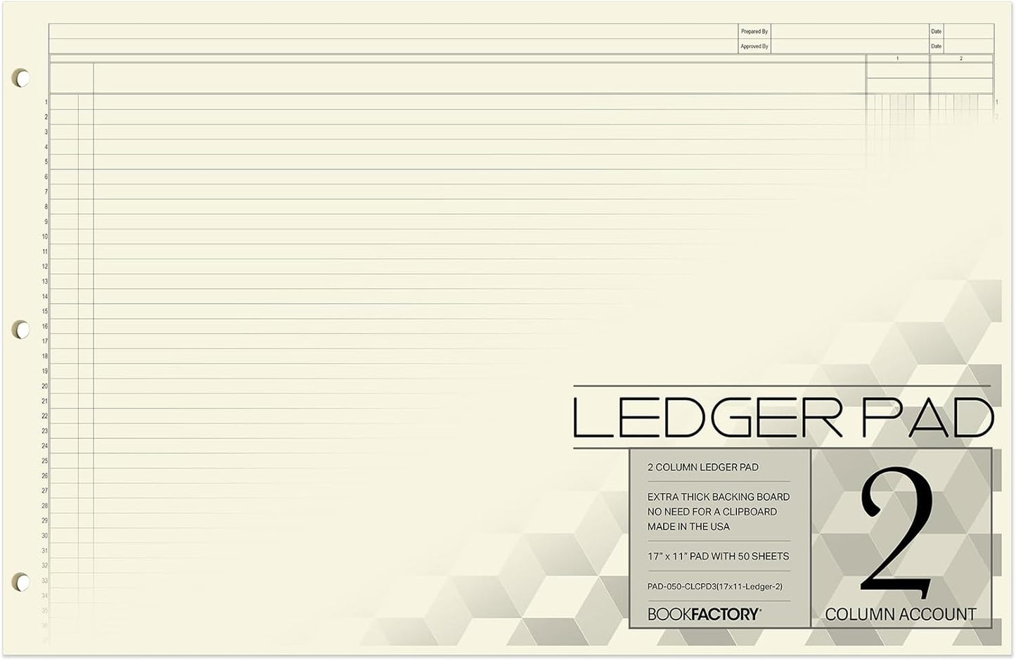 BookFactory Ledger Pad/Large 2 Column Accounting Ledger Columnar (Two Columns) Pads - 17'' x 11'', 50 Pages, Notepad Landscape Format (PAD-050-CLCPD3(17x11-Ledger-2)-AX)