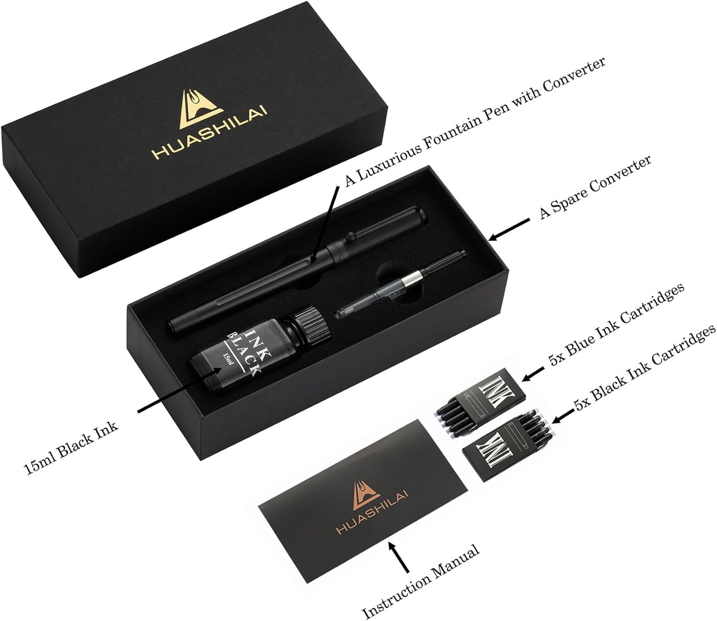 Luxury Matte Black Forest Fountain Pen Set,Titanium Black Extra Fine and Medium Nibs,Includes 2 Ink Converters,10 Ink Cartridges,15ml ink，Premium Gift Case for Calligraphy (Medium Nib)