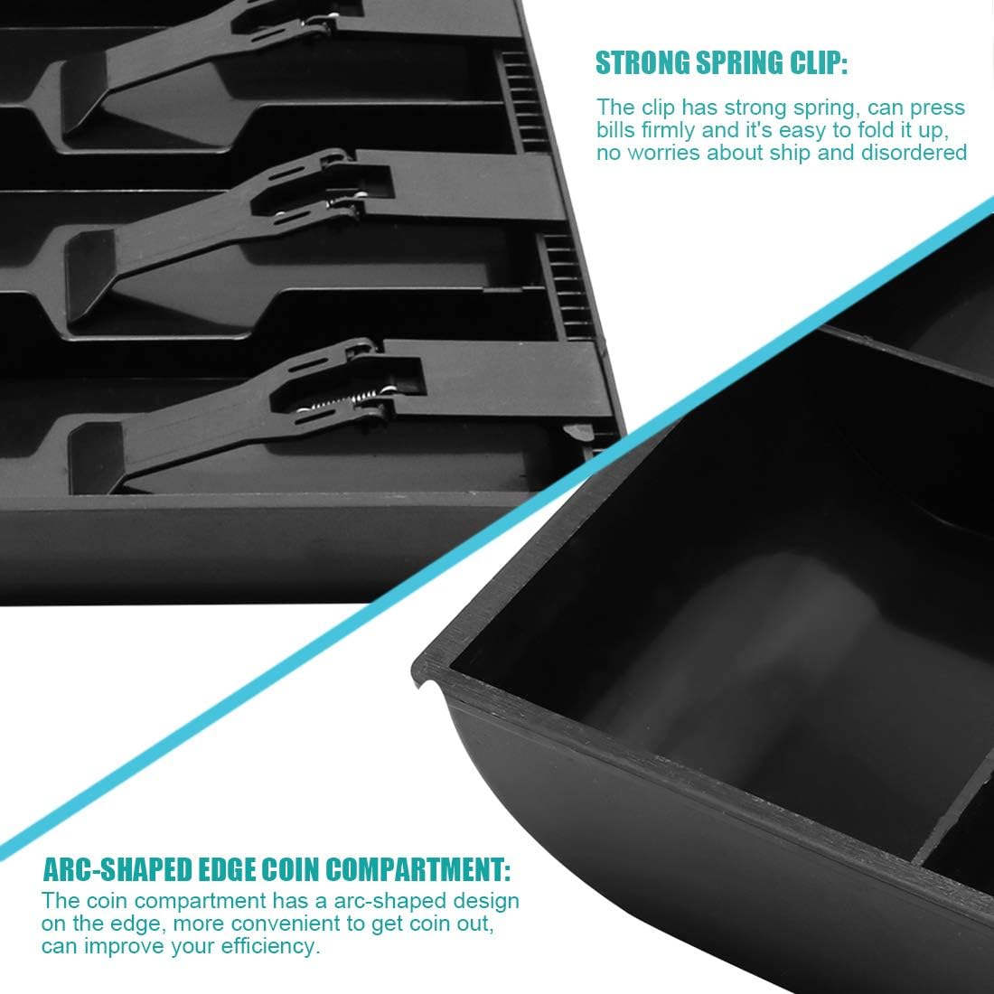 Cash Register Drawer Insert Tray 3 Bill/3 Coin Compartments with Plastic Clip for Money Storage, Black