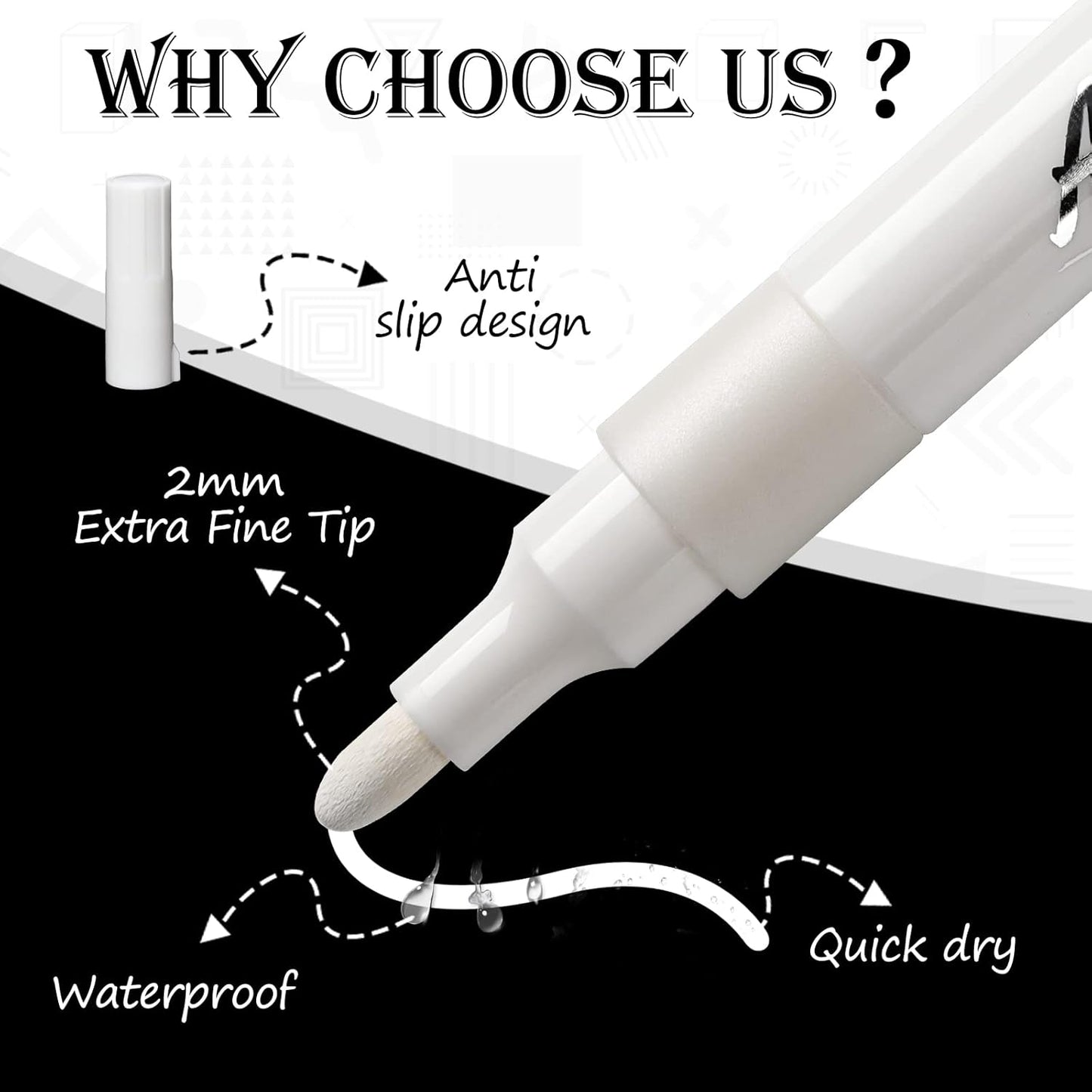 White Markers Pen, 8 Pack Paint Pens, Fine Tip Acrylic White Permanent Markers for Sketching, Drawing, Wood, Rock, Tyres, Plastic, Leather, Glass, DIY Painting