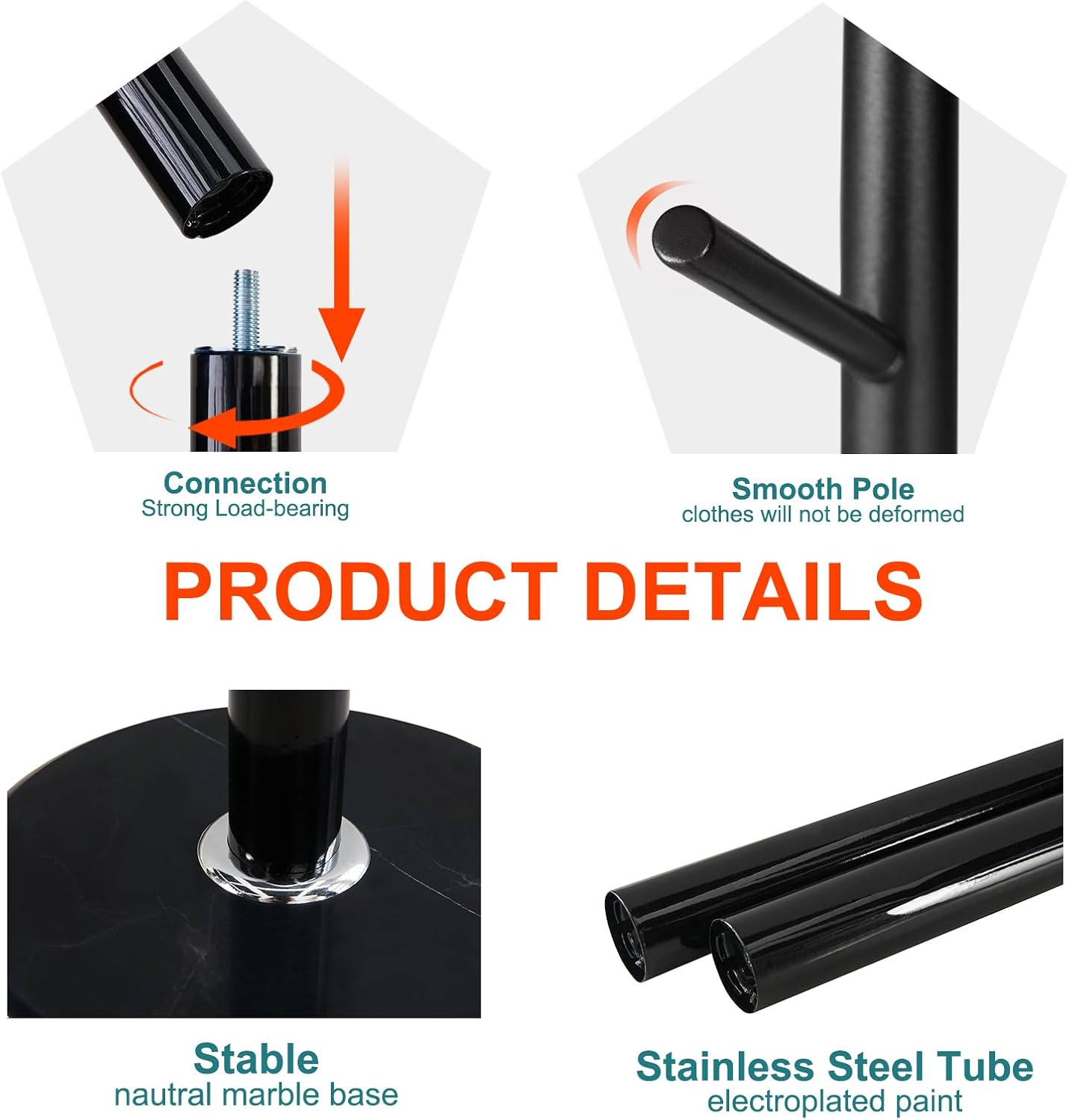 Coat Rack with Natural Marble Base, Metal Freestanding Coat Racks, Heavy Duty Coat Rack Stand with 8 Hooks for Hanging Scarf, Bag, Jacket, Black Coat Hall Tree Hanger Holder Stand