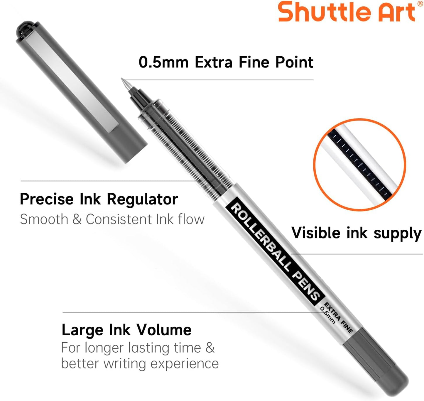 Shuttle Art RollerBall Pens, 25 Pack(21 black 2 blue 2 red) Fine Point Roller Ball Pens, 0.5mm Liquid Ink Pens for Writing Journaling Taking Notes School Office