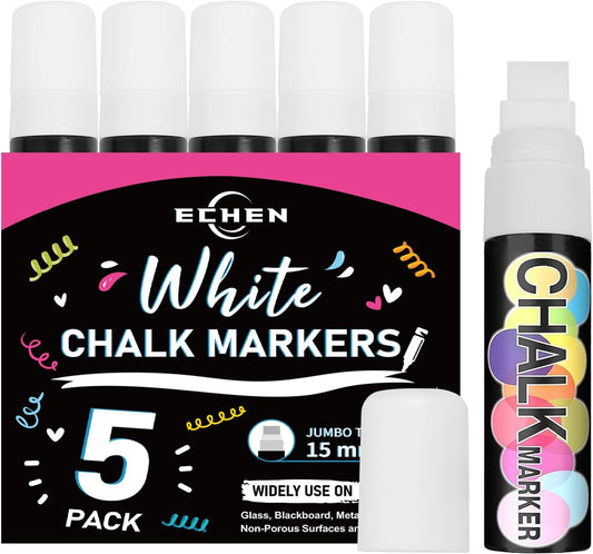 5 Pack Washable Window Markers for Cars, 15mm White Jumbo Liquid Chalk Markers, 3 in 1 Nib, Metallic & Neon Paint Glass Pen for Auto, Chalkboard, Blackboard, Bistro, Menus and Any Non-Porous Surface