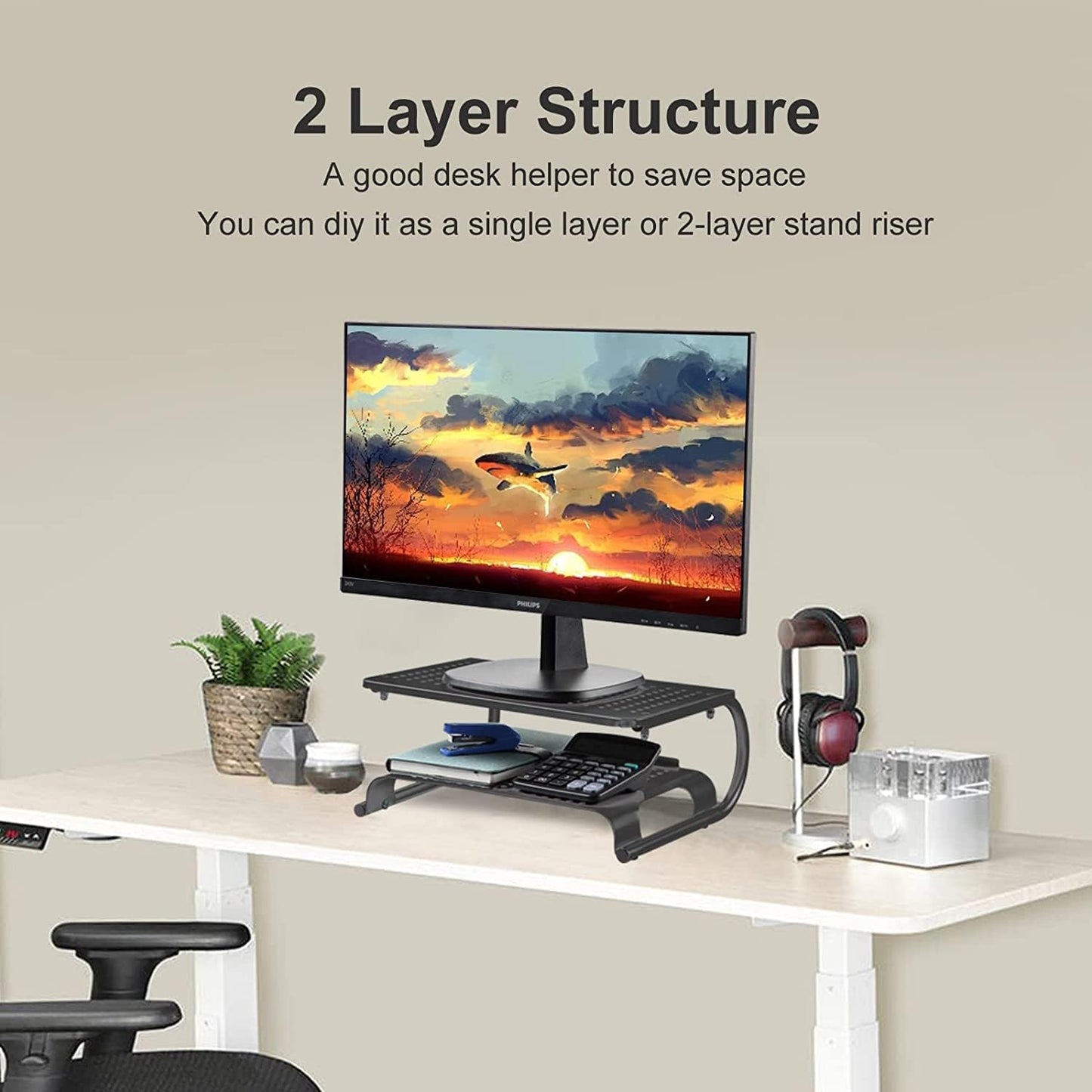 suptek Double-Deck Desk Monitor Stand Riser for Computer,Laptop,Printer, Notebook and All Flat Screen Display with Vented Metal Platform and 4 Inches Height Underneath Storage (MST002)