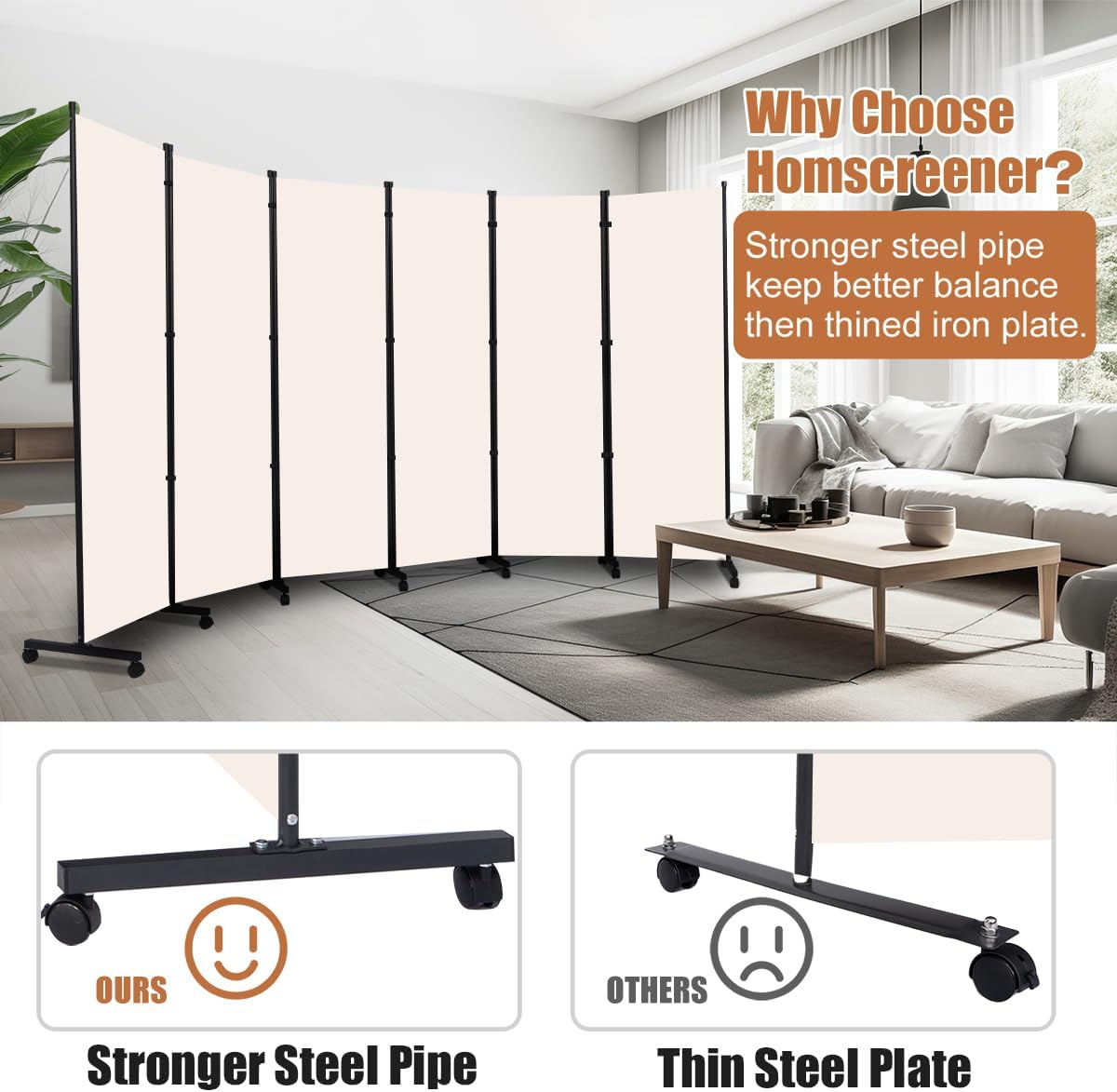 Room Divider Portable 132'' Partition Room Dividers and Folding Privacy Screens 6 Panel Wall Divider for Room Separation, Freestanding Fabric Room Divider Panel with Wheels for Home Office Hospital