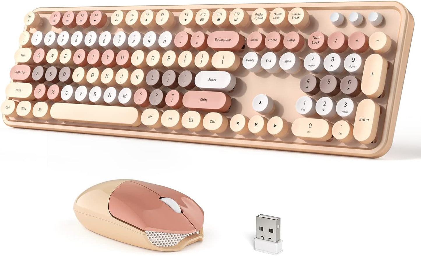 Wireless Keyboard and Mouse Combo, 104 Keys Full-Sized 2.4 GHz Round Keycap Colorful Keyboards, USB Receiver Plug and Play, for Windows, PC, Laptop, Desktop (Milk Tea)