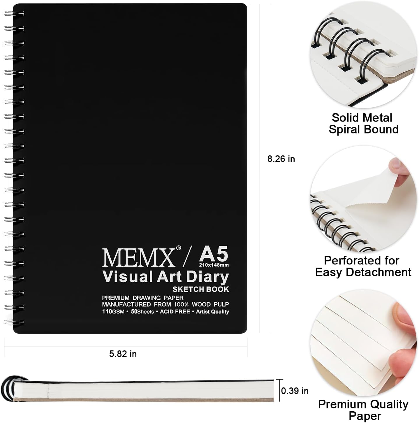 MEMX Poly Cover Sketch Book, 5.5”X8.5” 100 Pages (110gsm), Spiral Bound Artist Sketch Pad Notebook, Durable Acid Free Drawing Paper for Drawing, Writing, Painting, Sketching or Doodling, White