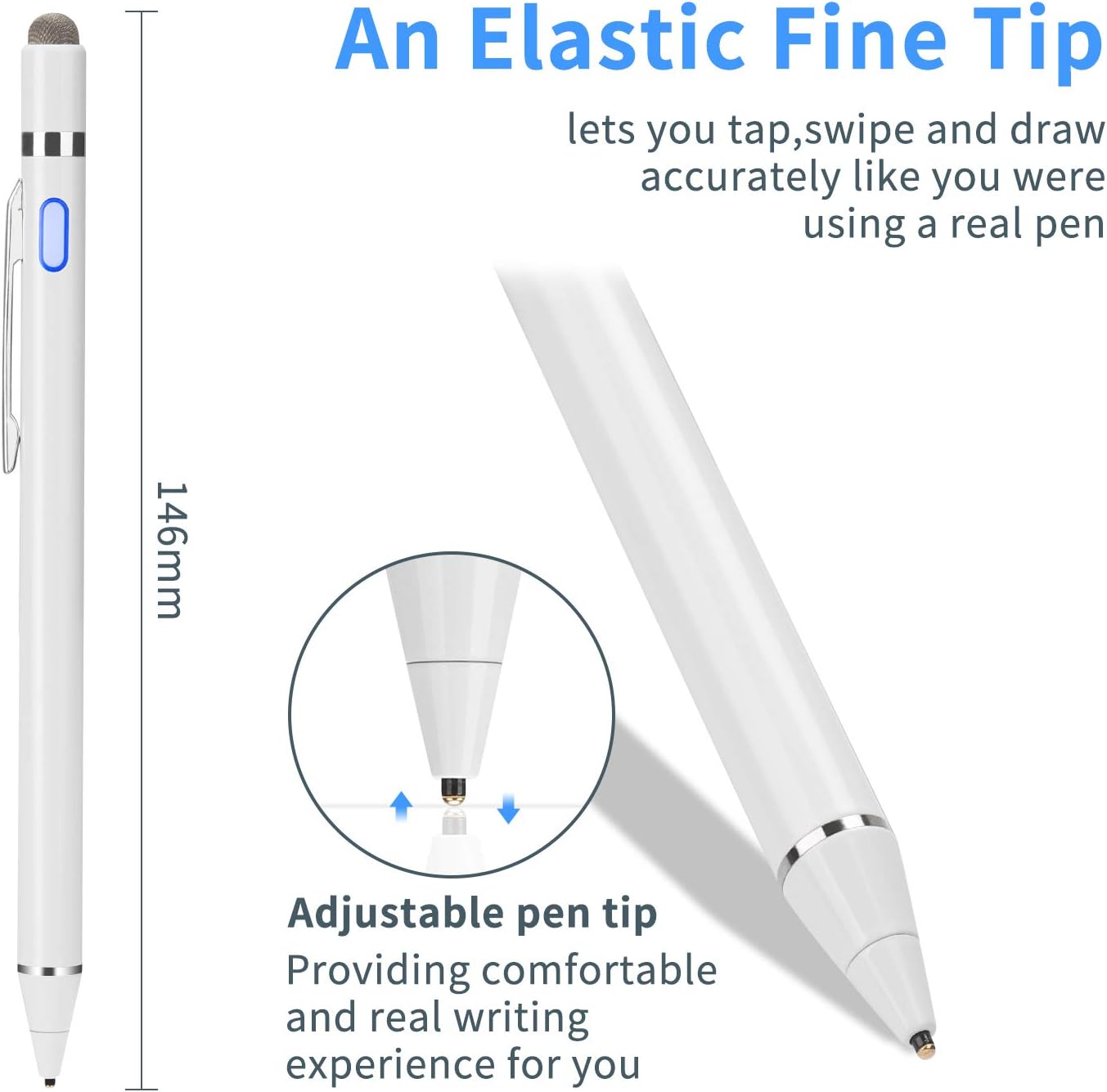 Active Stylus Digital Pen with Ultra Fine Tip Stylus for iPad iPhone Samsung Tablets, Compatible with Apple Pen,Stylus Pen for iPad Pro, White