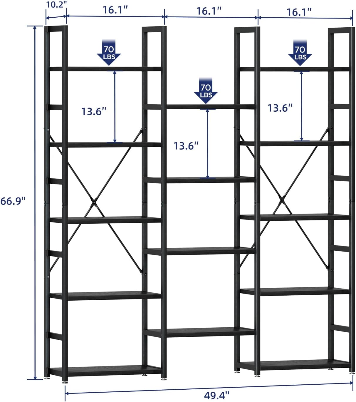 NUMENN Triple Column 5 Tier Bookshelf, Bookcase with 14 Open Display Shelves, Adjustable Rustic Industrial Style Book Shelves, Modern Bookshelves for Bedroom, Living Room and Home Office, Black