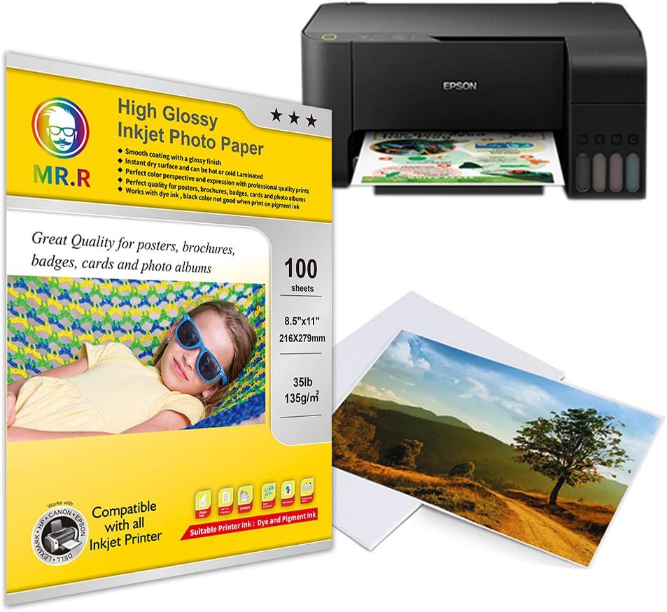 MR.R Single Side High Glossy Inkjet Photo Paper Letter Size 8.5"x11" with 100 sheets per pack 135gsm 35LB