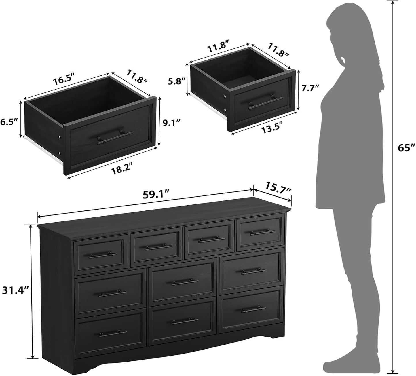Black Farmhouse Dresser for Bedroom, 10 Chest of Drawers, 59" Wide Chest of Drawers with Brushed Metal Handle, Wood Closet Organizers and Storage Cabinet for Bedroom, Living Room, Hallway