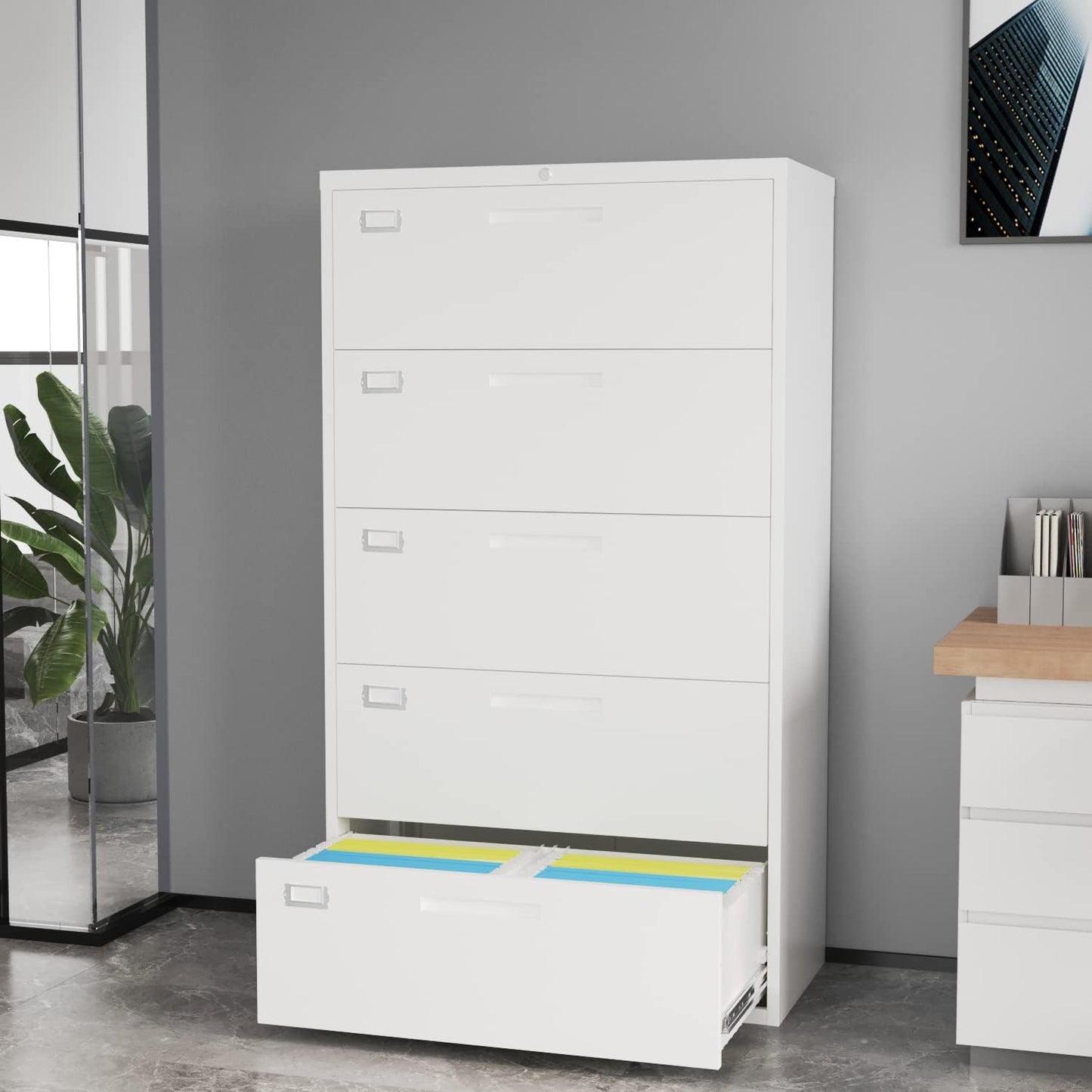 Lateral File Cabinet with 5 Drawers - White Metal Steel Filling Cabinets for Home Office - Lockable Storage Cabinet for Hanging Files Letter/Legal/F4/A4 Size-Assembly Required