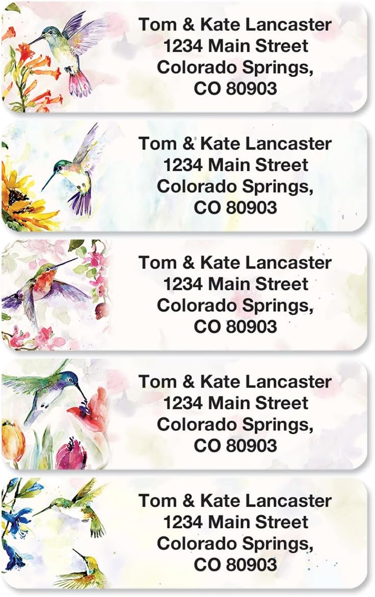 Colorful Images Fluttering Hummingbirds Rolled Personalized Return Address Mailing Labels with Dispenser, Customize with Name & Shipping Address, 500 ¾” x 2½ Self Adhesive, Easy Peel Label Roll