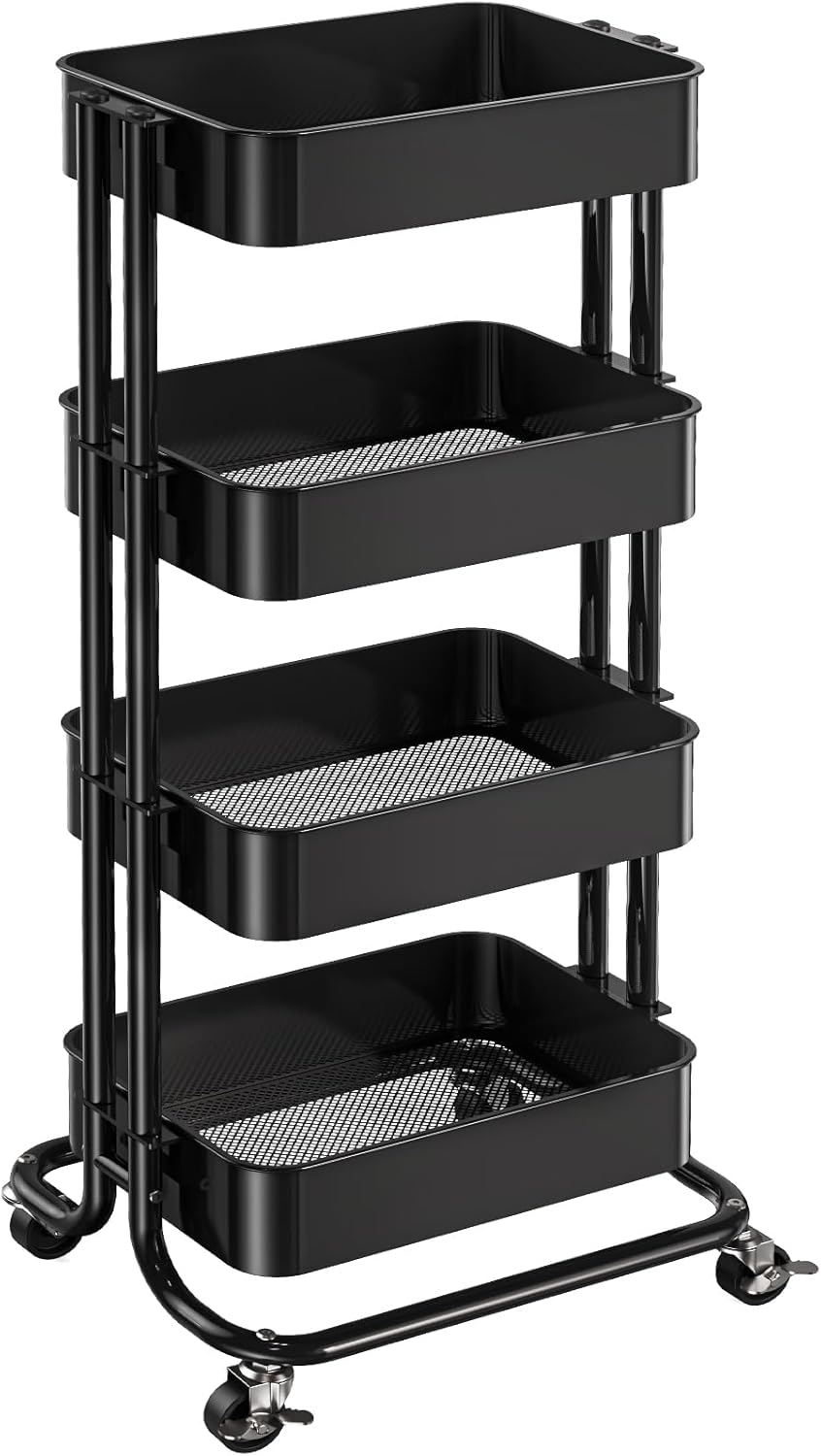 Pipishell 4 Tier Metal Rolling Utility Cart, Heavy-Duty Storage Rolling Cart with 2 Lockable Wheels, Multifunctional Mesh Organization Utility Cart for Kitchen Dining Room Living Room, PIUC13B
