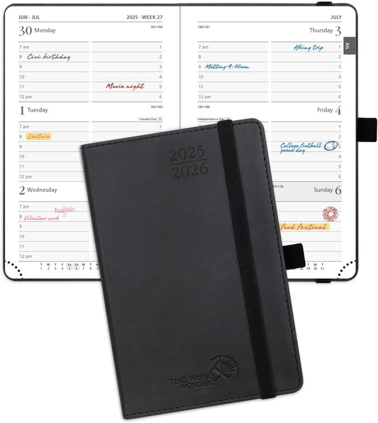 POPRUN Pocket Planner 2025-2026 (Purse Size 4'' x 6.25'') Academic Small Calendar (July 2025 - June 2026) with Hourly Time Slots, 100GSM Thick Papers, Leather Soft Cover - Black