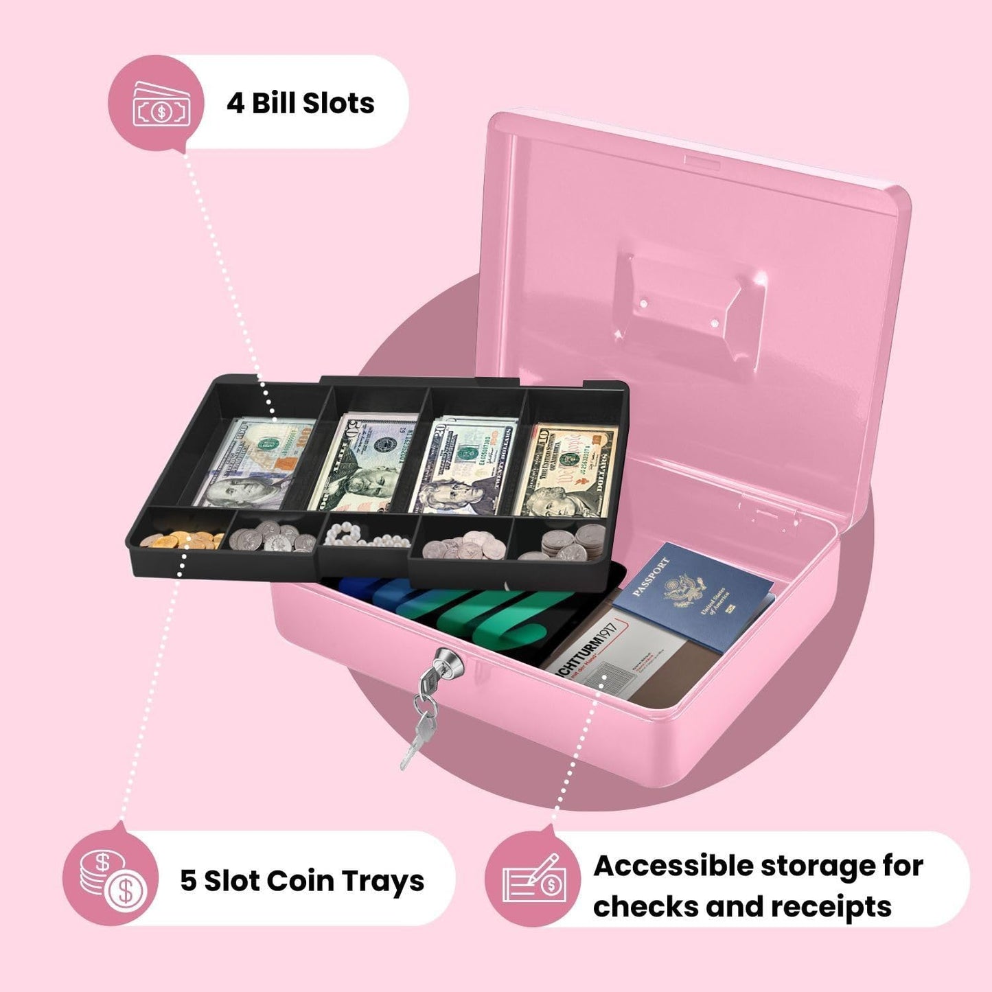 Flexzion Cash Box with Money Tray and Lock - Metal Cash Box for Small Businesses, 9-Compartment Pink Money Box with Removable Tray and Key, Portable Storage for Checks and Coins
