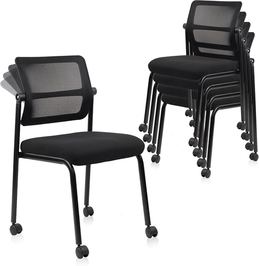 CLATINA Stacking Armless Office Waiting Room Chair with Wheels, Stackable Mesh Guest Reception Desk Chairs with Adjustable Backrest for Conference Lobby Side School, Black, 4 Pack