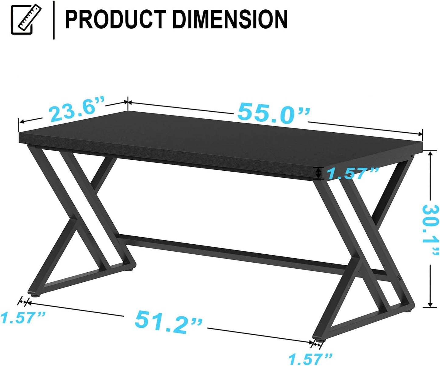 LVB Black Computer Desk, Modern Gaming PC Writing Desk for Home Office, Metal Computer Study Work Table for Bedroom, Industrial Executive Student Simple Workstation Desk, 55 in, Black Oak