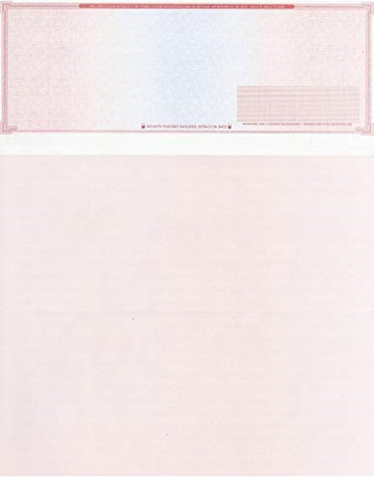 250 Blank Check Stock - Check on Top Mazed - Paper Weight # 70"High Security" Check Paper Red/Blue Mazed