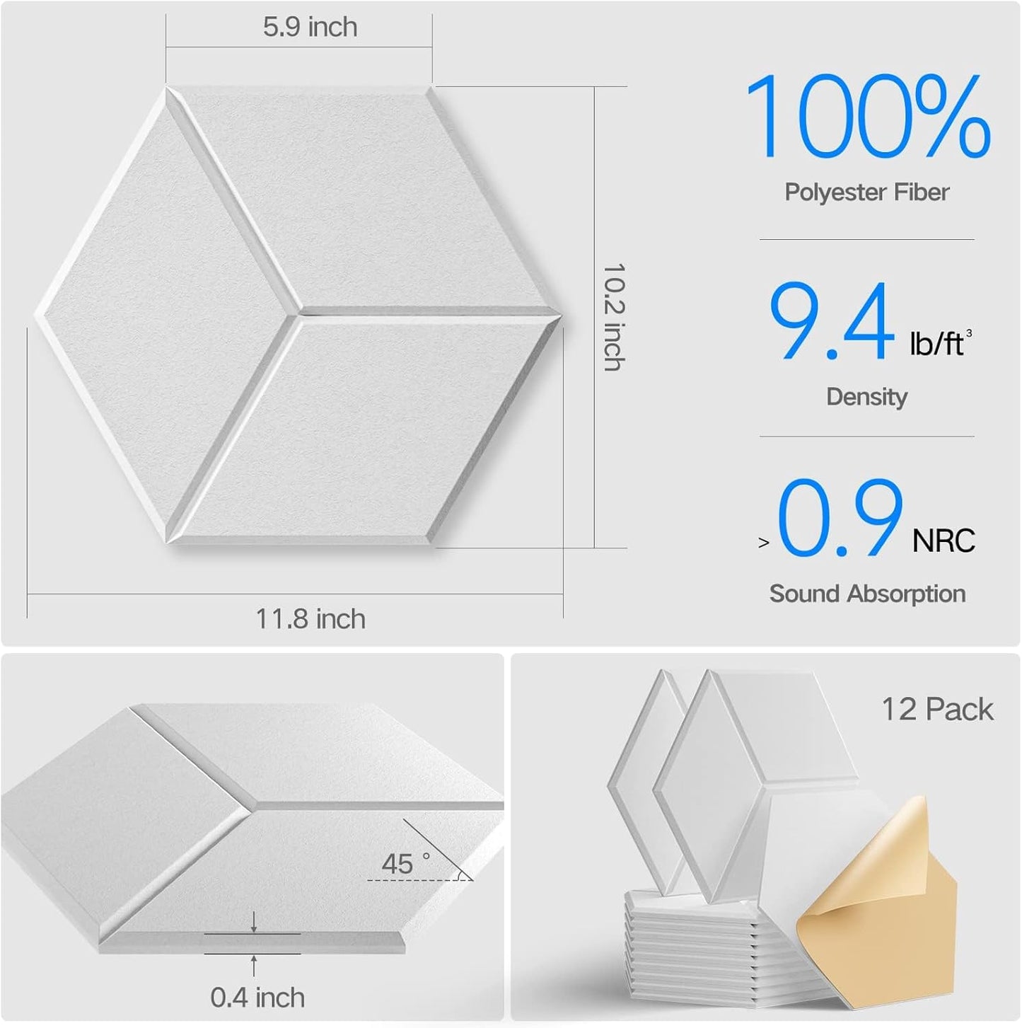22 Pack Self-adhesive Acoustic Panels 12" X 10" X 0.4" - Sound Proof Foam Panels with High Density, Fashionable Y-Lined Design, Absorb Noise and Eliminate Echoes(White)