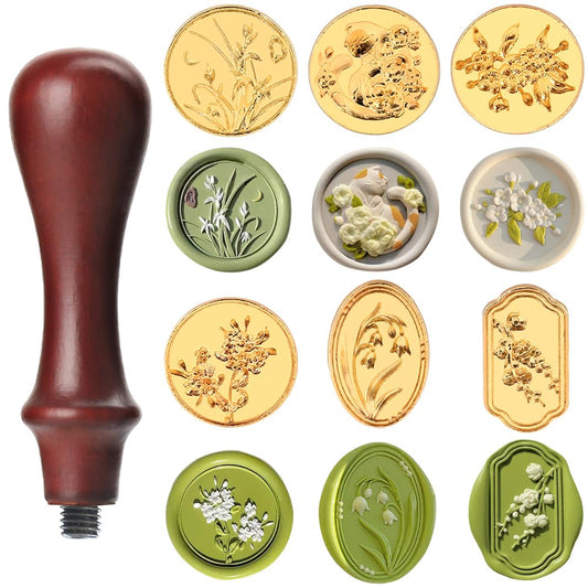 6pcs Flower Wax Seal Stamp Set with Removable Wooden Handle - Floral Wax Stamp Kit for Wedding, Birthday Party, Envelopes, Invitations, Gift Packing & Decoration