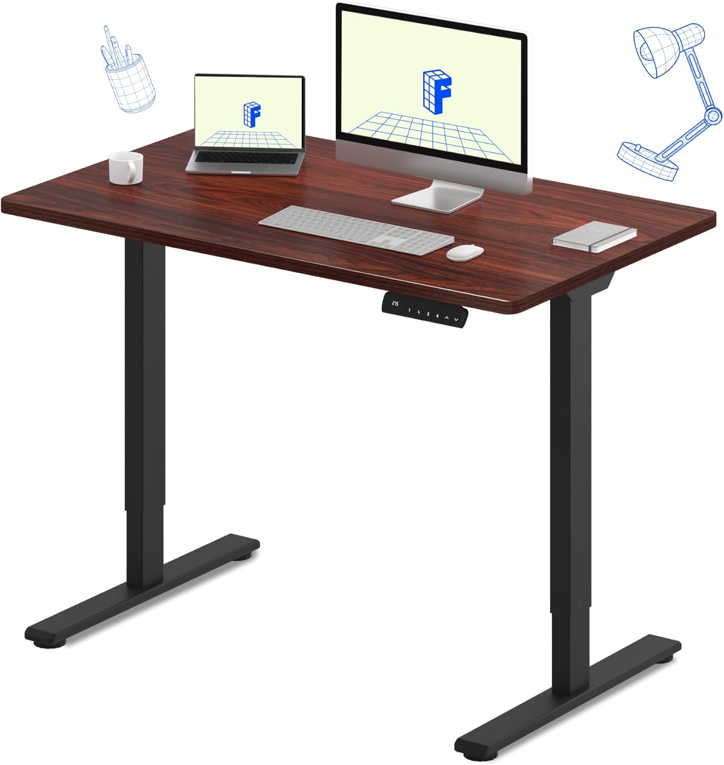 FLEXISPOT E3 Dual Motor Electric Standing Desk 48x30 Inch Whole-Piece Board Height Adjustable Desk Electric Sit Stand Desk (Black Frame + Mahogany Desktop, 2 Packages)