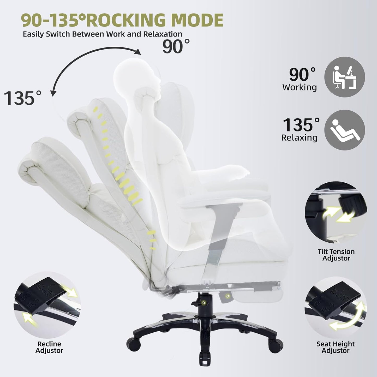 Efomao White Big and Tall Office Chair with Footrest – Ergonomic High-Back Computer Chair with Adjustable Armrests, Wide Seat – Modern Home Office, Gaming & Study Chair for Young Professionals