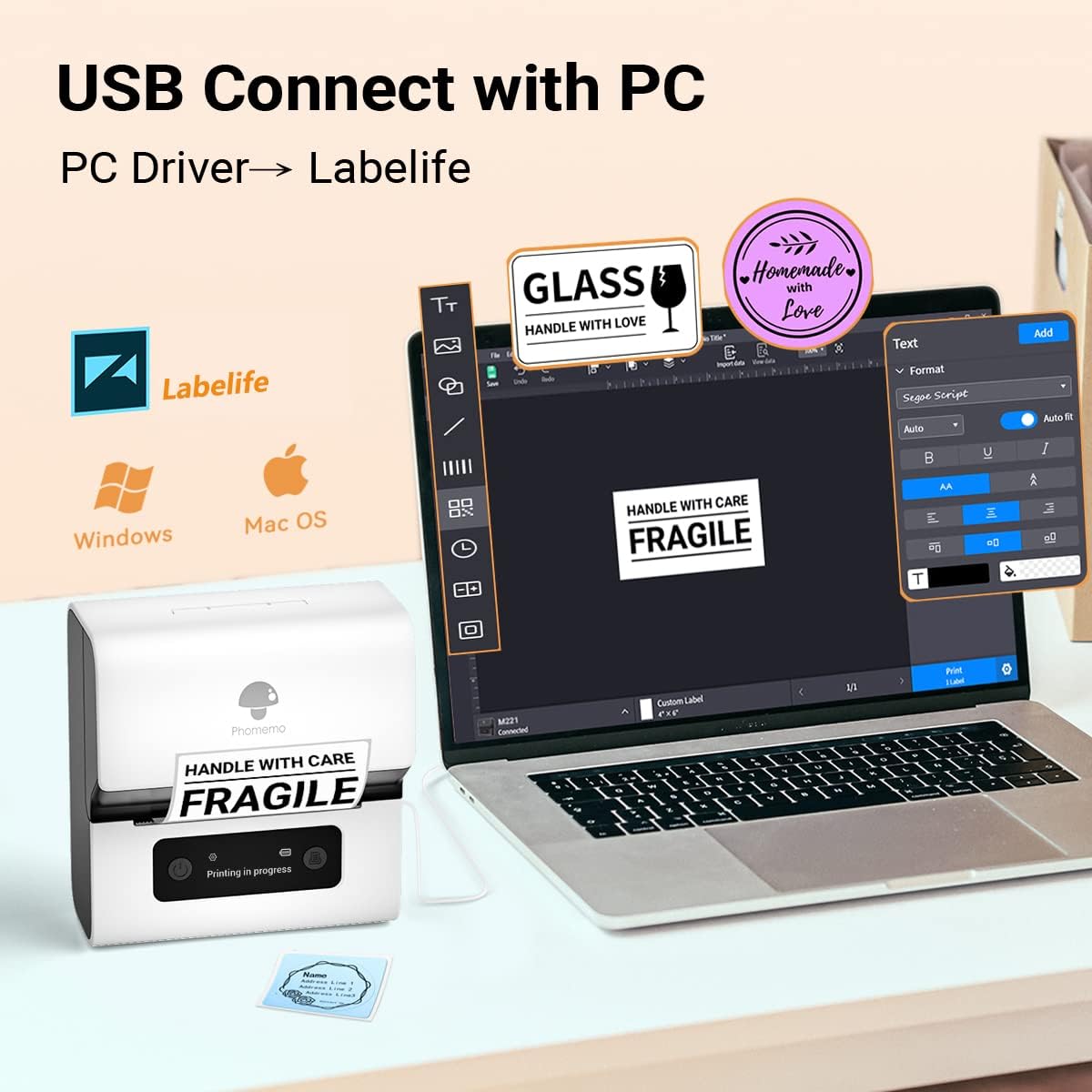 Phomemo Label Maker- M221 Address Label Printer 3’’ Portable Bluetooth Label Maker Machine for Barcode, Address, Logo, Mailing, Stickers, Small Business, Home, Office, White