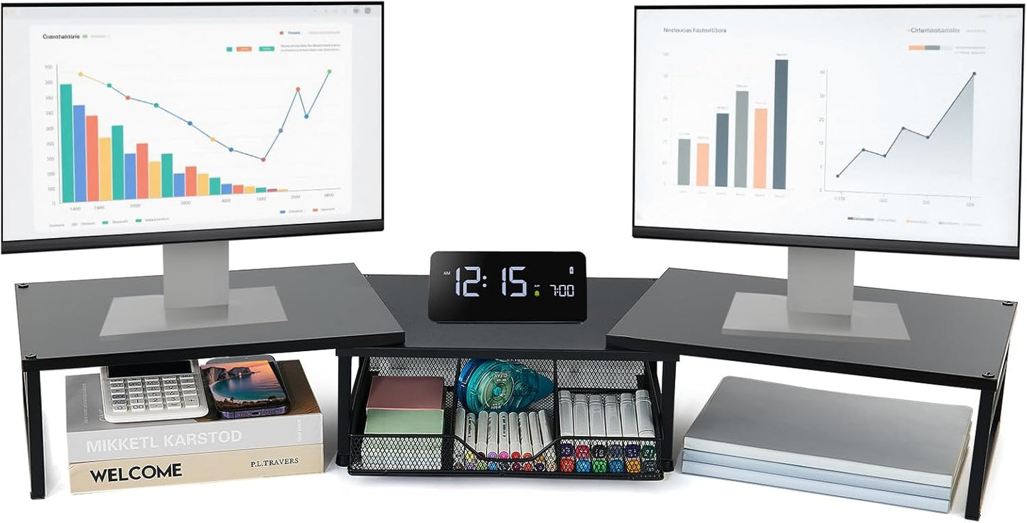 Dual Monitor Stand Riser, Desk Organizer with Drawer, Office Desk Organizers and Accessories, Office Workspace Organization, Computer Monitor Stand for Laptop, Printer (Black)