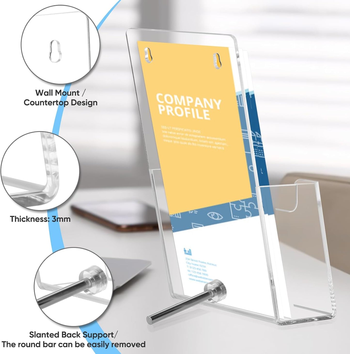 Acrylic Brochure Holder Wall Mount or Countertop Display Stand – Clear Pamphlet & Literature Organizer Fits Trifold Flyers, Menus, Leaflets for Office, Shop, Hotel, Classroom, Reception Desks (4 Pack, 4.3 x 7.8 inch)