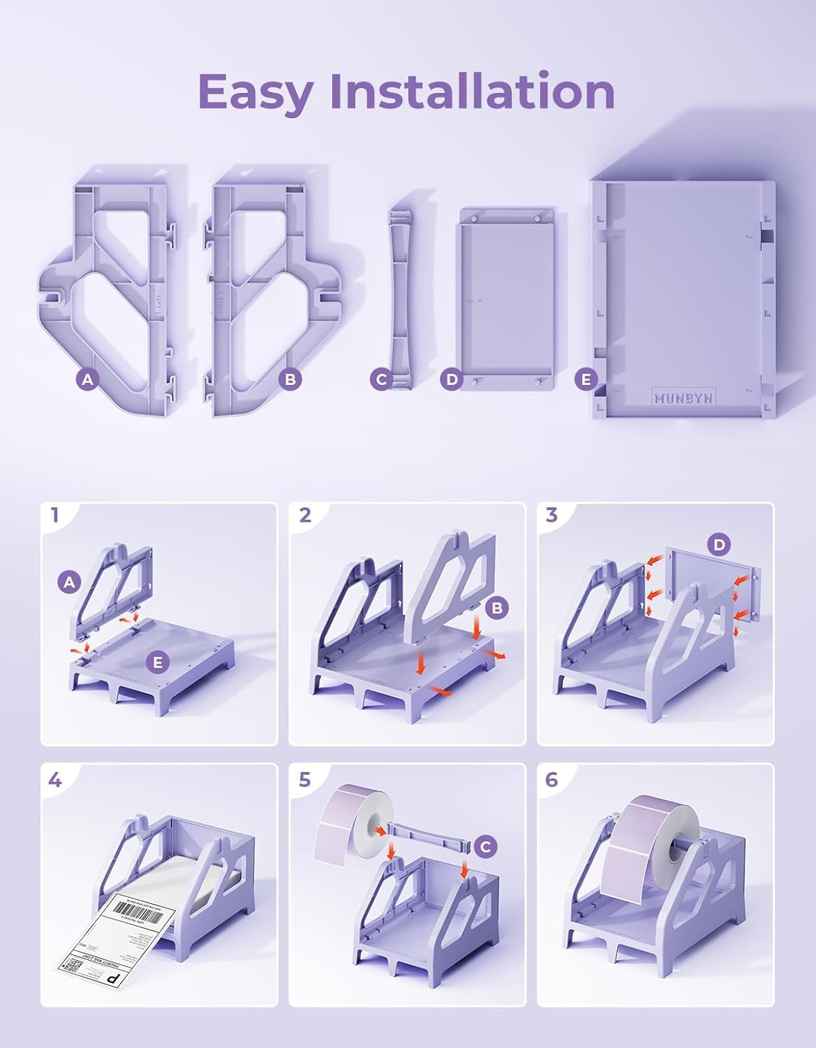 MUNBYN Label Holder for Rolls and Fan-Fold Labels, Thermal Sticker Roll Holder for Desktop Thermal Printer Shipping Supplies Industrial Paper, Purple