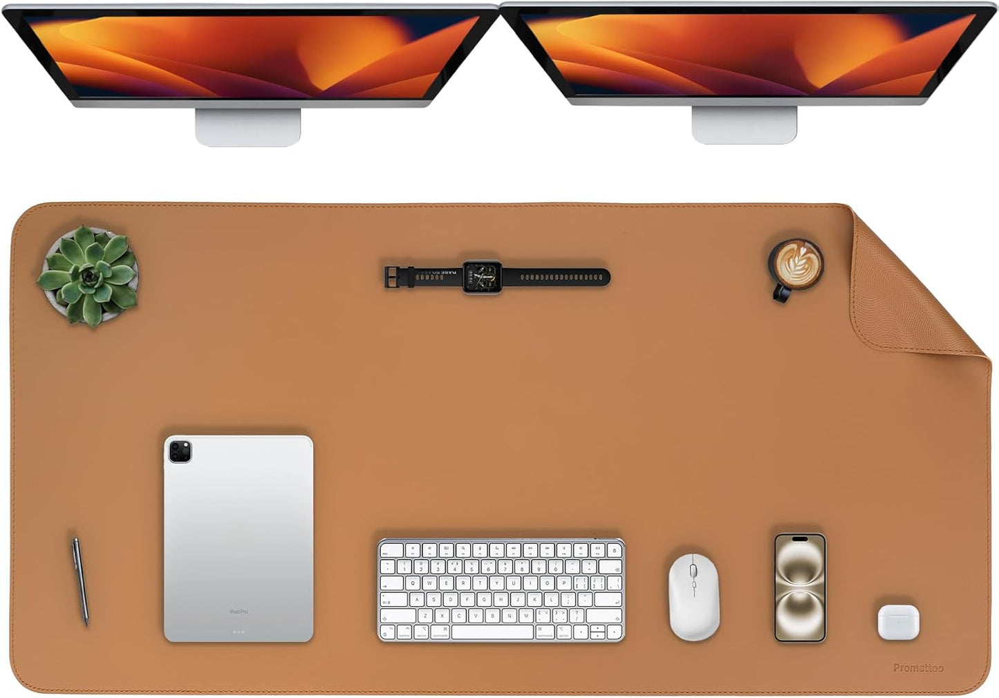 Oversized Non-Slip Desk Pad Protector – Grips Desk Firmly, Anti-Slip Like You've Never Seen! Vegan Leather Waterproof Laptop Mat for Keyboard & Mouse – Large Office Pad– Caramel Brown