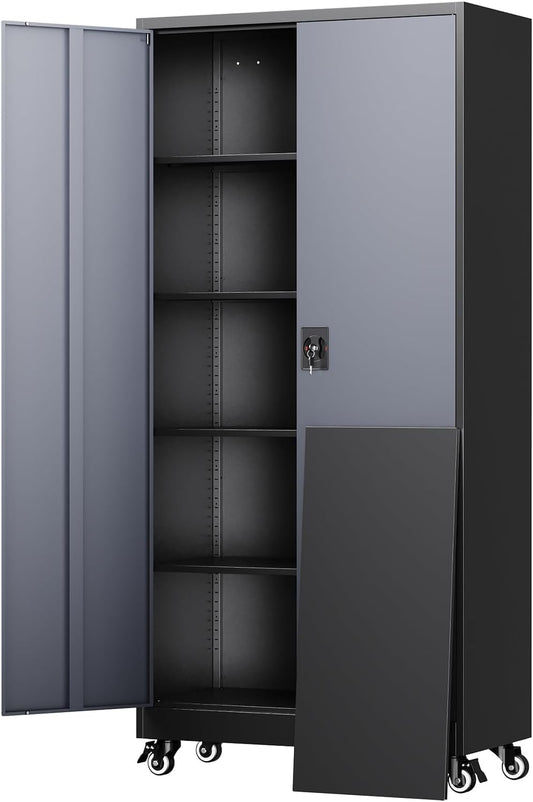 Yizosh Metal Garage Storage Cabinet with Locking Doors and Adjustable Shelves,- 75" Rolling Steel Tool Cabinet for Home Office,Garage,Warehouse