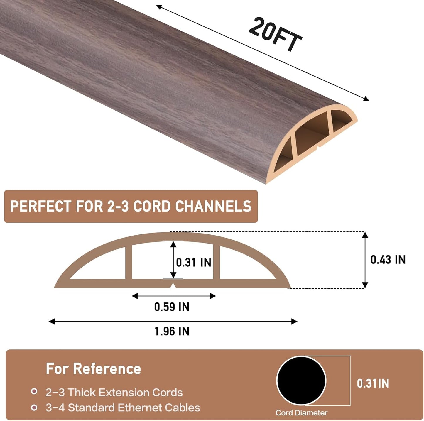Floor Cord Cover Self Adhesive Cord Hider Floor Extension Cord Covers for Floor Power Cord Protector Cable Management Prevent Cable Trips Cable Cavity 0.51" W x 0.31" H (Brown Walnut Wood, 20Ft)