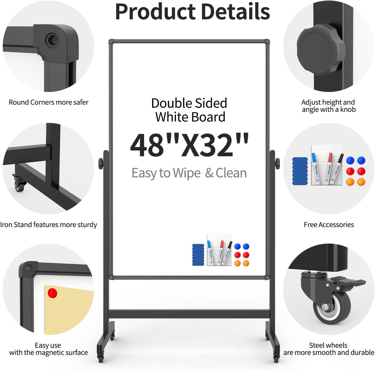 48x32inches Mobile Whiteboard - Adjustable Height, Standing Whiteboard on Wheels, Double-Sided Magnetic Dry Erase Board for Office, Home, Classroom