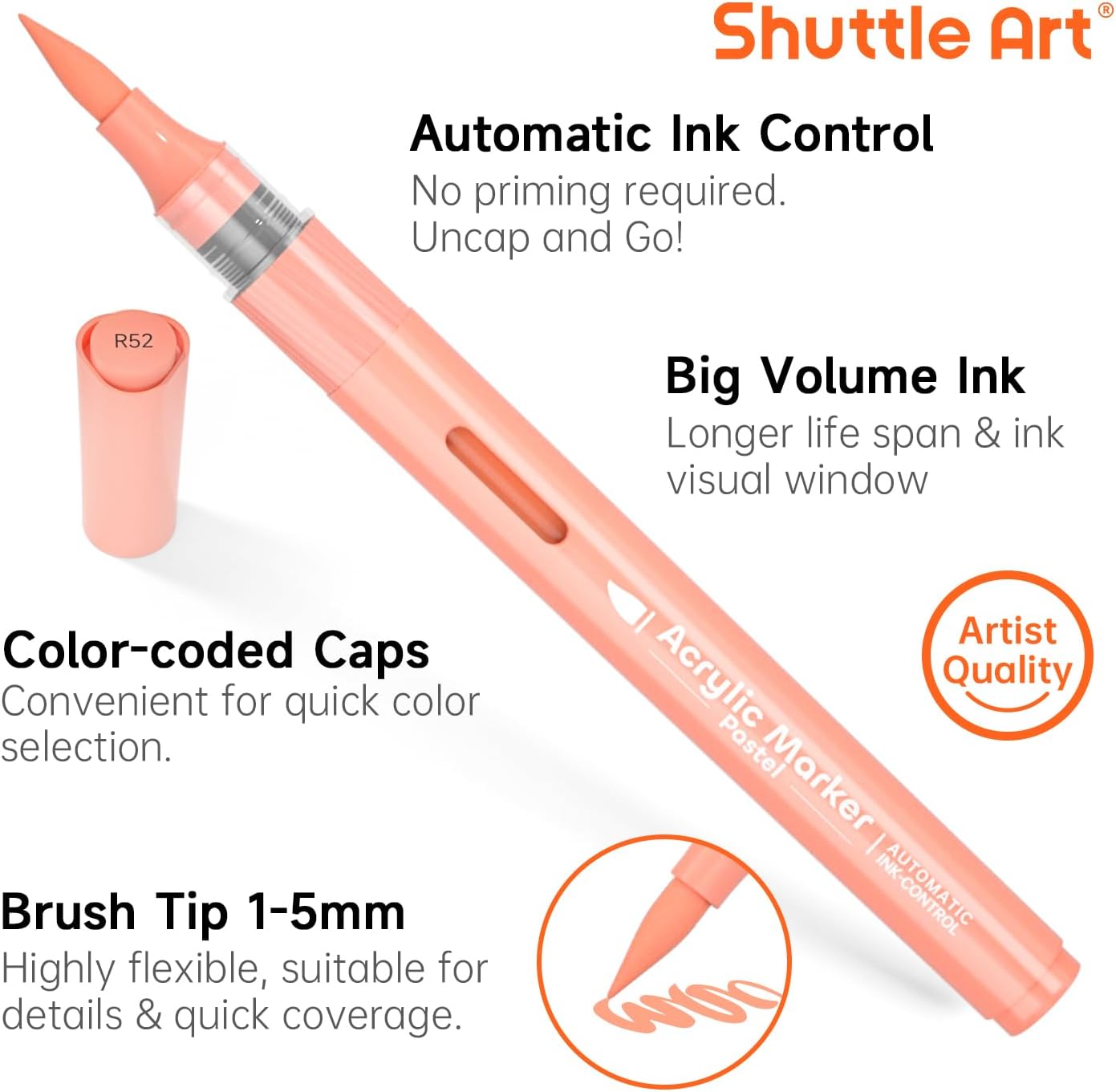 Shuttle Art Automatic Ink Control Acrylic Paint Markers, 24 Pastel Colors Brush Tip Acrylic Paint Pens for Rock Painting, Ceramic, Wood, Canvas, Glass, Stone, Fabric, Card Making, DIY & Art Supplies