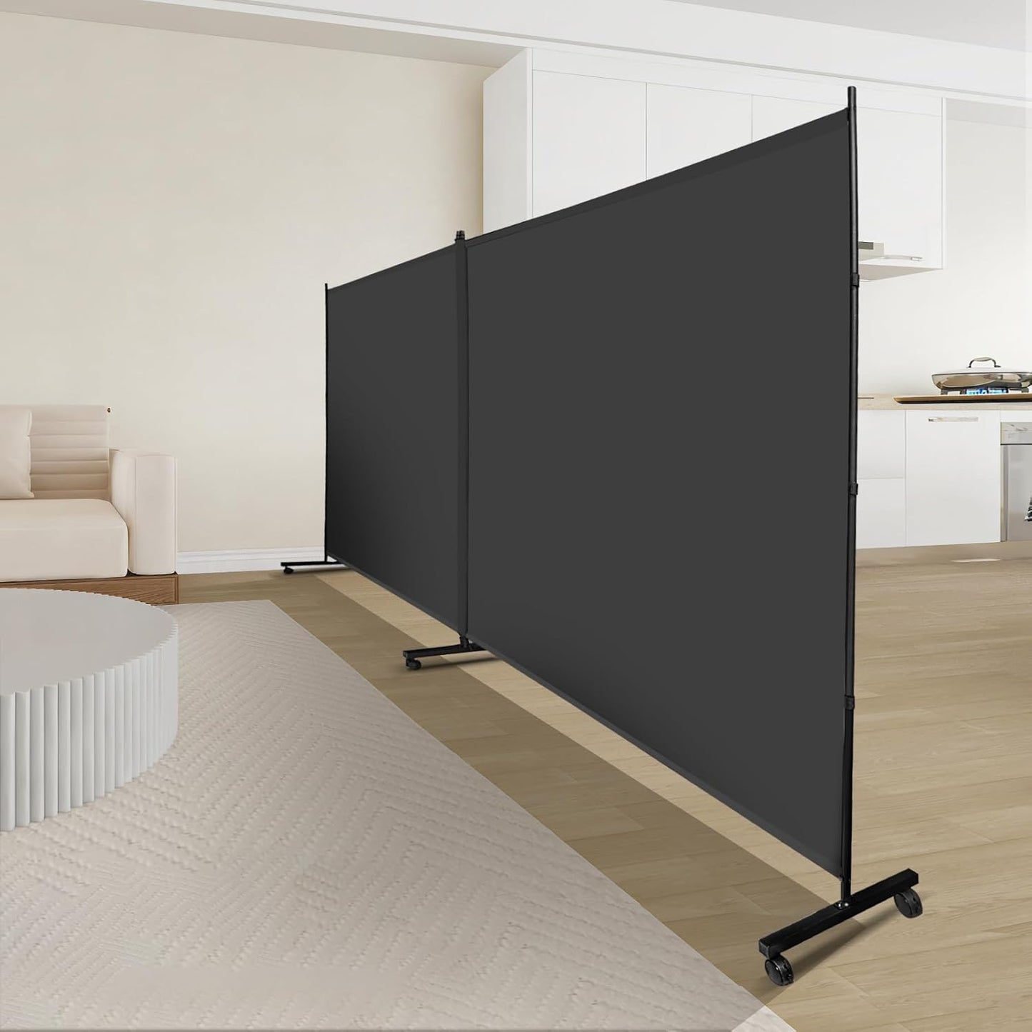 MAYOLIAH Indoor Room Divider 2 Large Panels on Wheels, 142”W x 75”H Rolling Privacy Screen W/Cover Strip, Portable Wall Divider for Home Office Partition, Grey