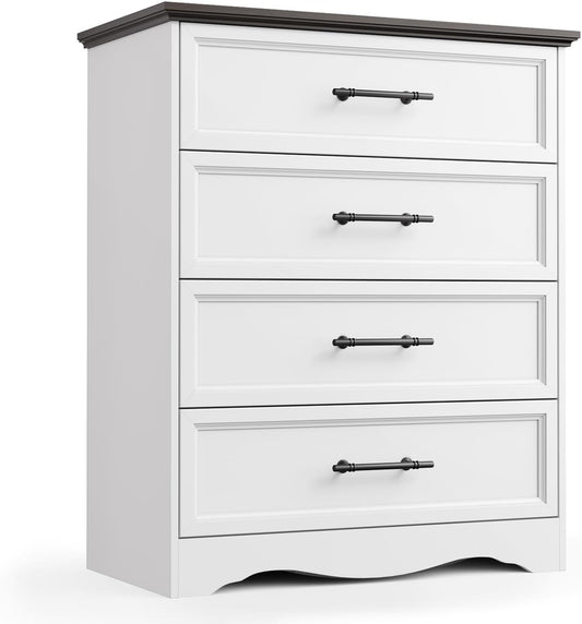 White Farmhouse Dresser for Bedroom, 36" Tall 4 Drawer Chest with Sleek Brushed Metal Handles, Modern Wood Storage Cabinet with Unique Base Design, Closet Organizer for Bedroom, Living Room, Hallway