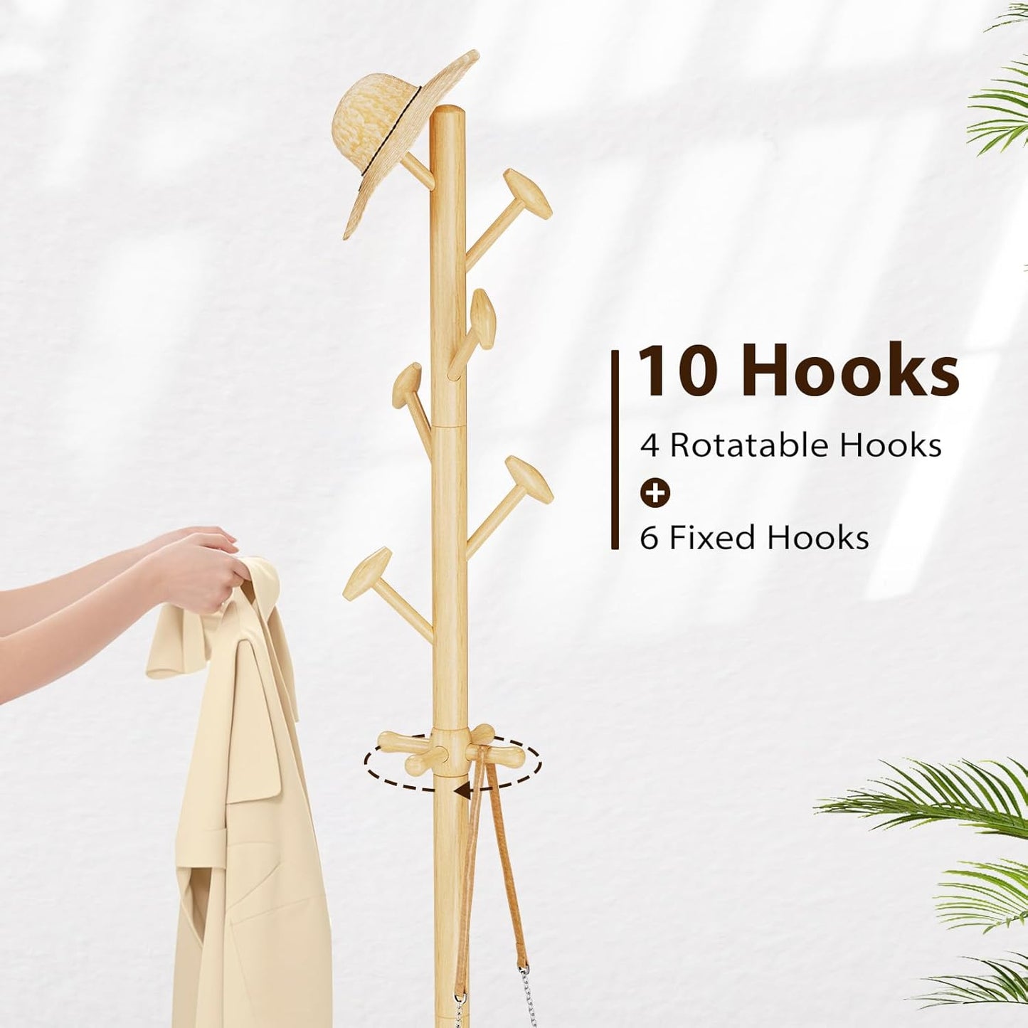 Solid Wood Coat Rack Freestanding Coat Tree with 10 Hooks for Bedroom, Livingroom, Entryway, Sturdy Coat Hanger Stand for Hats, Coats, Scarves, Handbags, Purses