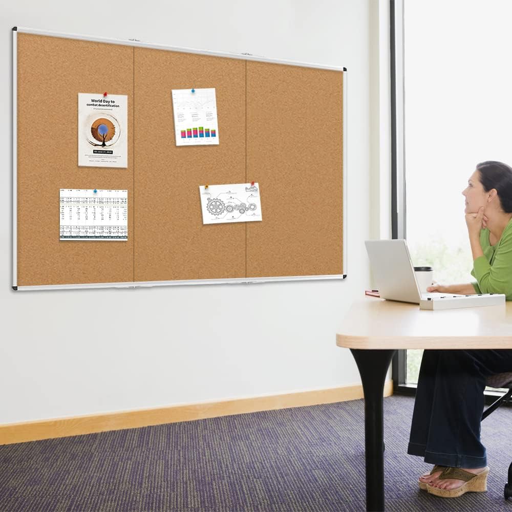 VIZ-PRO 96" x 48" Large Cork Bulletin Board, Foldable & Wall-Mounted Notice Pin Board with Silver Aluminum Frame, for School Home Office - 8' x 4' Corkboard