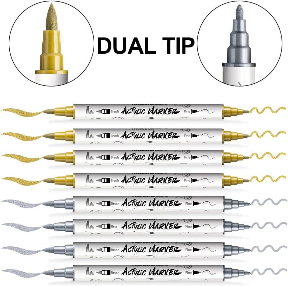 TRANSON 4 Gold and 4 Silver Paint Markers Brush and Fine Dual-tip Acrylic Paint Marker Set for Rock Painting Glass Canvas Wood Leather Ceramic Painting